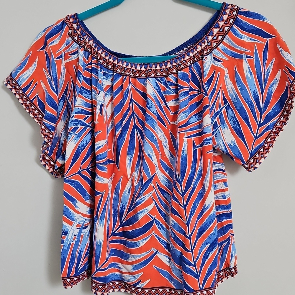 Flying Tomato Tropical Leaf Print Blouse XS Orange Blue Off Shoulder Boho Top - Picture 7 of 11